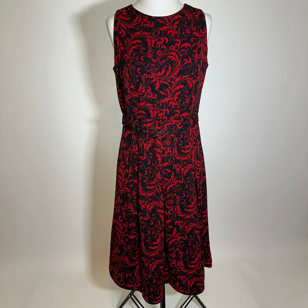 NWT Liz Claiborne Red Scroll Sleeveless Belt A-Line Midi Dress Womens Petite 8P